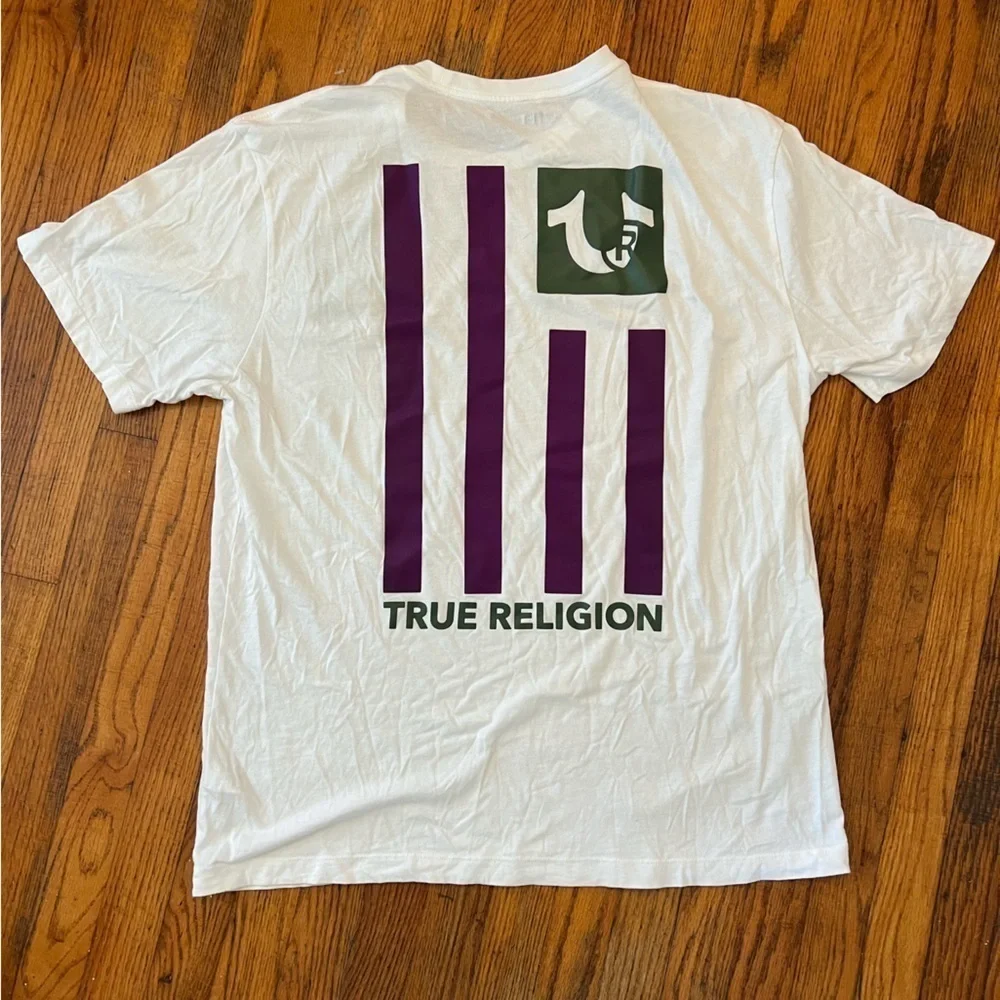 True Religion Graphic Logo TShirt Flag in Purple and Green 3XL